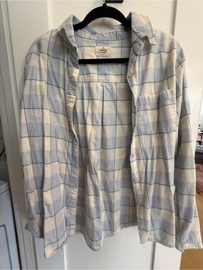Marine Layer Light Blue and Cream Plaid Shirt with Sunset Logo